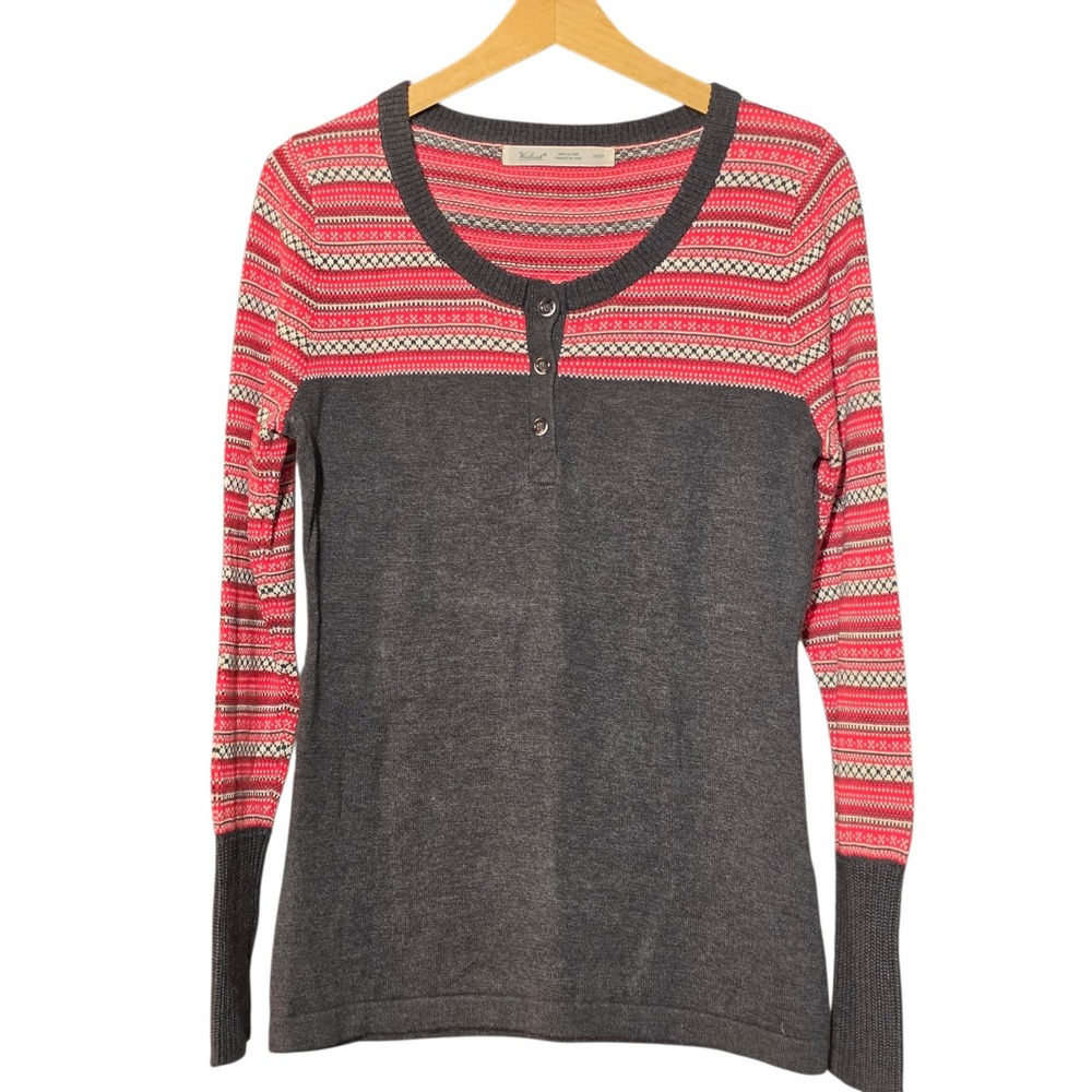 Woolrich Women XS Henley Sweater Gray Red Fair Isle Cotton Blend Long Sleeve